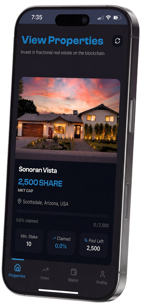 Property Shares app showing fractional real estate investment interface
